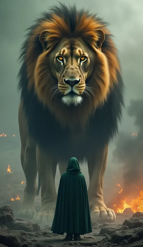 "A colossal lion with a thick, majestic mane towers over a lone cloaked figure standing on rocky terrain. The lion's piercing golden eyes stare intensely at the figure, its powerful presence radiating both wisdom and danger. The figure, clad in a flowing d...