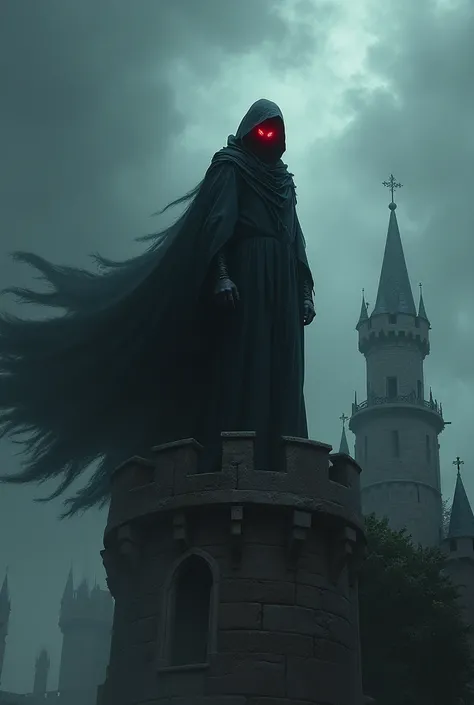 A dark sorcerer with flowing black robes, glowing red eyes, standing atop a gothic castle surrounded by dark mist, a stormy sky looming above, cinematic lighting, fantasy realism, high detail.