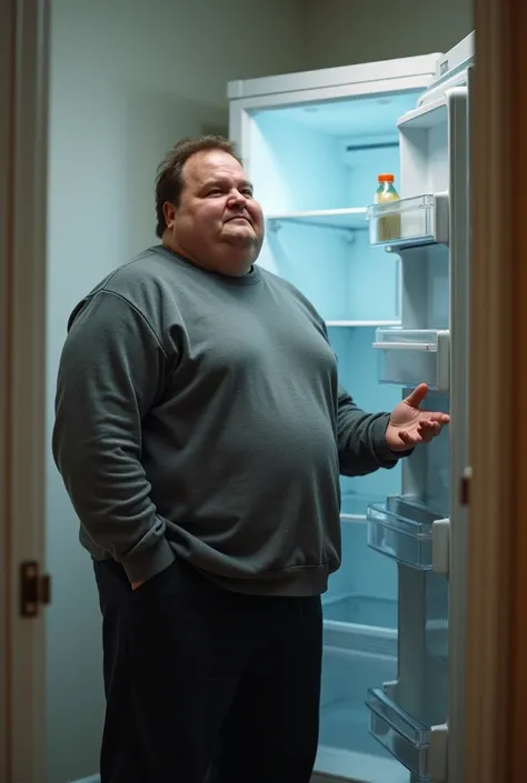 Create a fat man in a gray sweater brown hair youthful and black sweatpants,  he is standing in front of an empty refrigerator ,  his facial expression is panicked and he cries , The headline is Joshua 