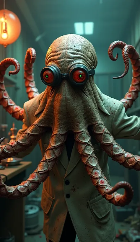 A grotesquely humorous yet horrifying rendition of Doctor Octopus. His metal tentacles have taken on a life of their own, each one with a twisted, grinning face, whispering dark jokes in eerie unison. His goggles are cracked, revealing bloodshot, manic eye...