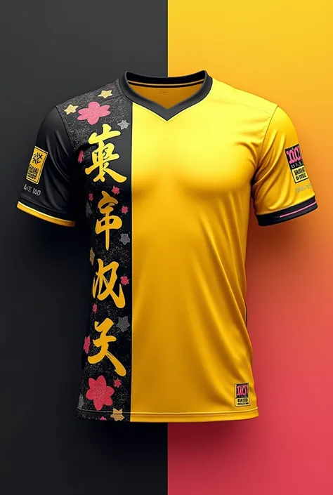 Create an image of a shirt jersey that is color yellow and black combined, add a little gradient pink and also add chinese characters on the side of the shirt vertically, also add cool designs like stars on the shirt. And add glitter 