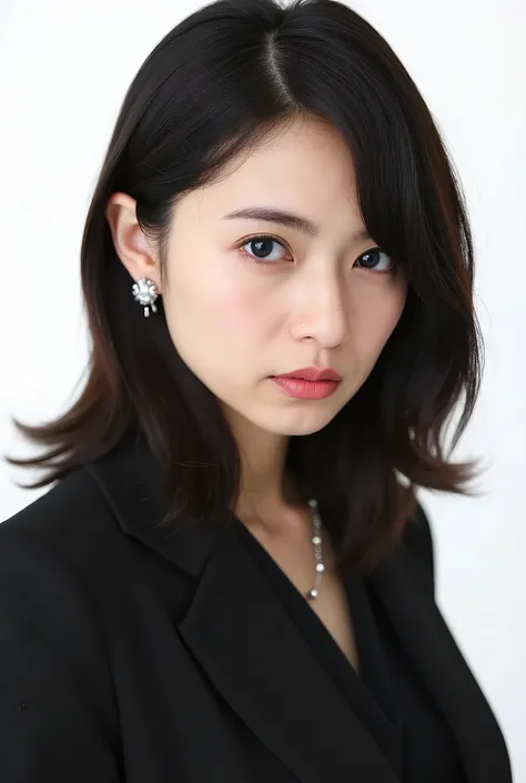 Beautiful Japanese Woman 、、 She is wearing an office lady suit、濃いeyeshadow 、Hairstyle: Medium long、wavy hair 、 Hair 、ear piercing、 Empty Expressions 、 necklace、 white backgr
