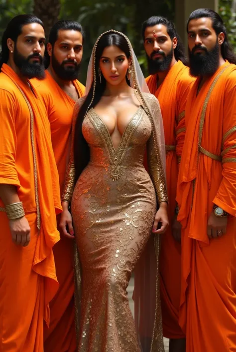 Kim Kardashian busty and big booty flaunts curves in skin tight full body Arabic abaya hijab dress with transperent long scarf on head closely with four tall indian hindu mens who wear saffron robes with saffron tilak on forehead.realistic. 