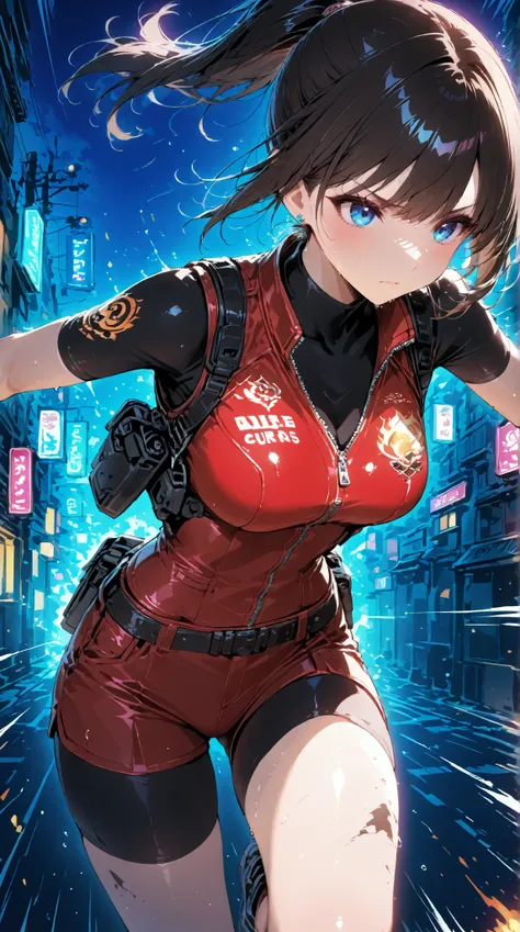 (claireclassic, brown hair, ponytail, vest, shoulder holster, black shirt, bike shorts under shorts, belt, red shorts,blue eyes), (running with hurry),(serious face), (dirty skin), (sweaty), (dynamic view from the front, motion lines, action lines, dramati...