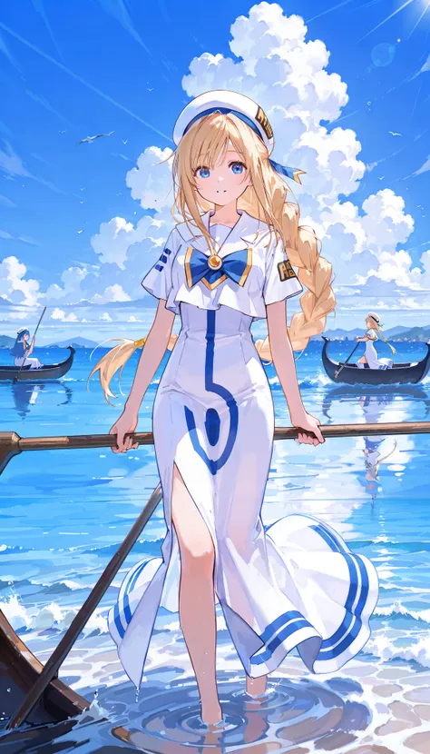 alicia, Aria the Animation, blond hair, single braid, aria company uniform, beret, blouse, bowtie, brooch, sailor collar, short sleeves, long dress, dress, side slit, sunshine , Cumulonimbus clouds, blue sky, she is standing on a white gondola, beautiful w...