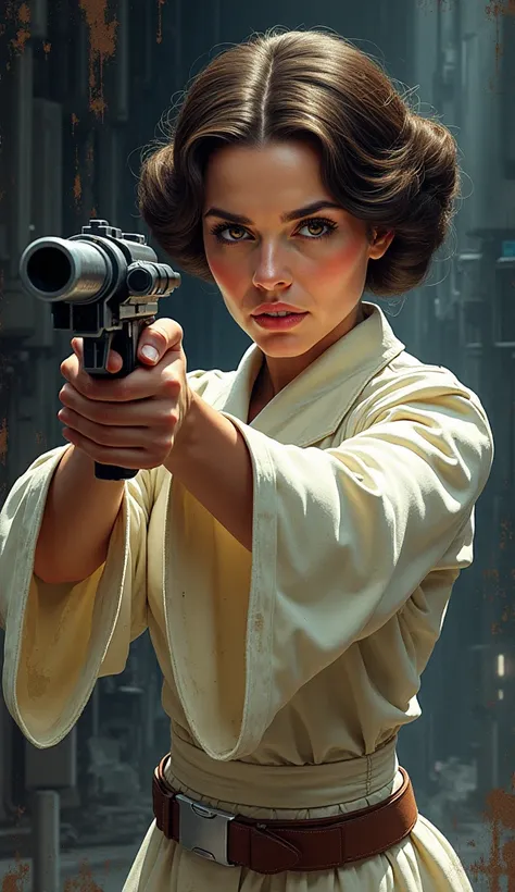 Image de la Princesse Leia pointant une arme à feu dans le style des comics des années 90 réaliste