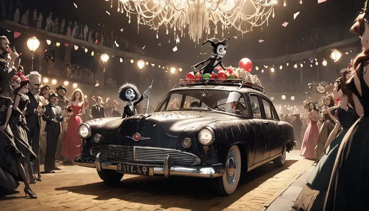 god、  Tim Burton's World、   top quality  ,  Masterpiece,    high detail,    looks like a scene from a movie、 party, Go on the big road,