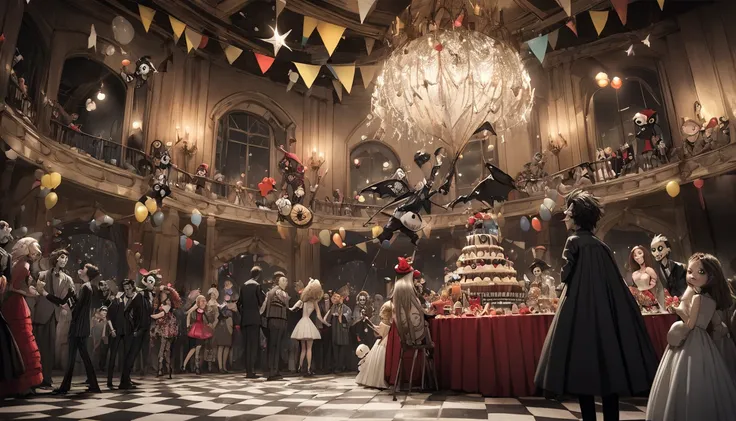 god、  Tim Burton's World、   top quality  ,  Masterpiece,    high detail,    looks like a scene from a movie、 party, Go on the big road,