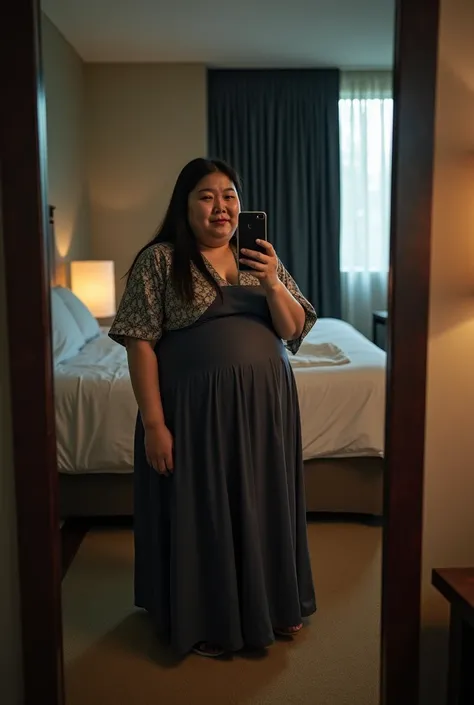  Very morbidly obese Korean woman of 1 . 63 meters tall 38 years old , delicate skin without makeup ,  very straight very long jet-black hair ,   she wears a typical Hanbok    ,  The image is a selfie that she takes in front of a mirror smiling in an embar...