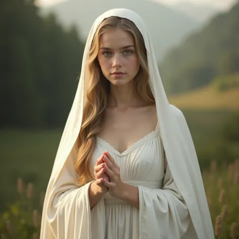 jeune femme chrétienne européenne, Cheveux longs,lisse,trait fin,robe chrétien,blanche,qui porte un foulard chrétien,voile chretien