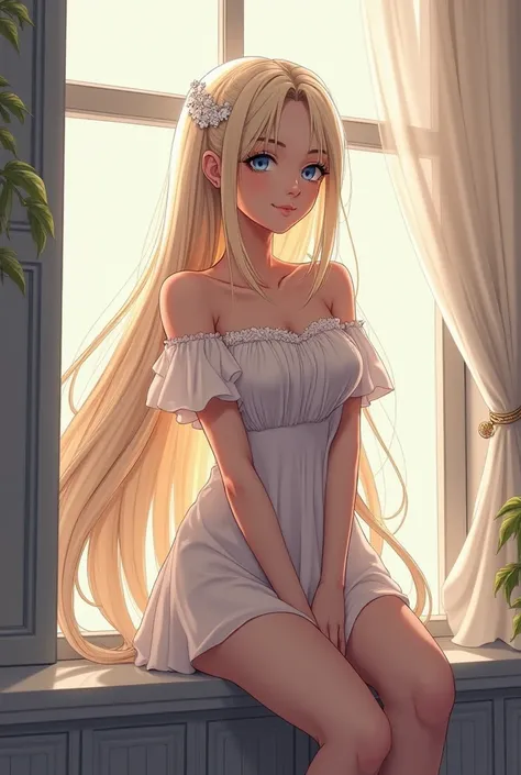 a close up of a woman with long blonde hair sitting on a window sill, an anime drawing inspired by Magali Villeneuve, trending on cg society, fantasy art, beautiful anime portrait, girl with white hair, beautiful anime girl, blonde - haired princess, blond...