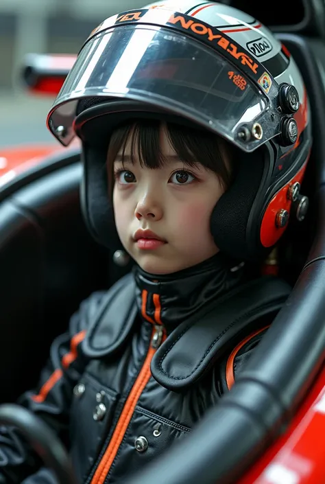 1girl is wearing F1 helmet, (((SHOEI helmet))), (too small narrow face opening area helmet), circuit, ((sitting F1 cockpit)), hard breathing, Japanese girl, cute girl, ((no bangs)), (((racing helmet))), (((fullface helmet:2.0))), (((covered mouth lip))), (...