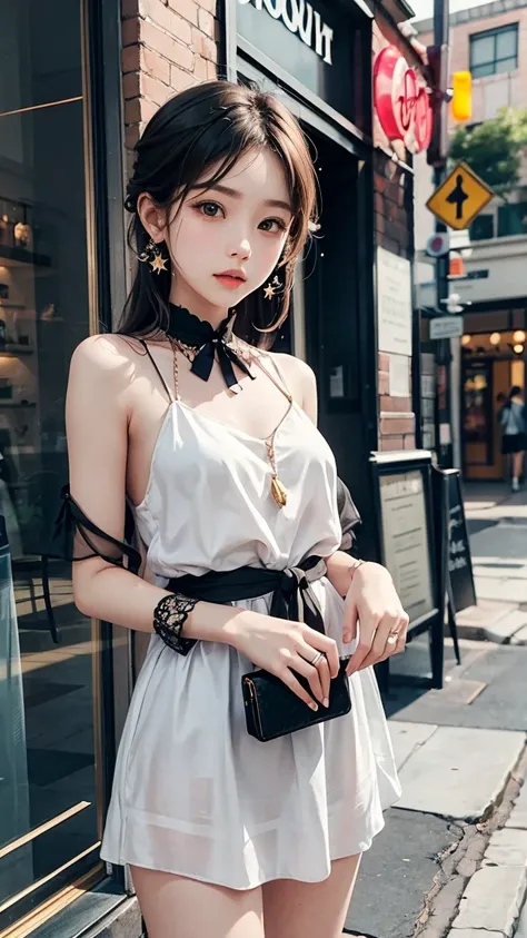  A young woman in a white dress and waistband， The see-through design shows elegance and charm ，Inspired by the style of Star Street comets 。