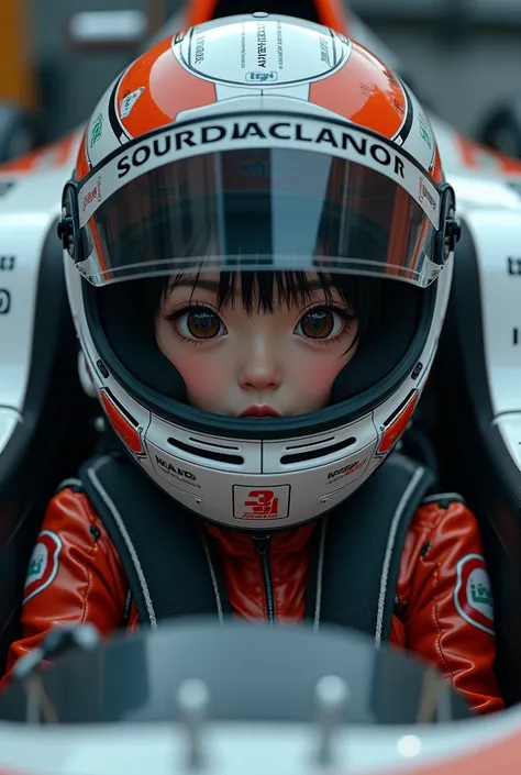 1girl is wearing F1 helmet, (((SHOEI helmet))), ((((too small narrow face opening area helmet)))), circuit, ((sitting F1 cockpit)), hard breathing, Japanese girl, cute girl, ((no bangs)), (((racing helmet))), (((fullface helmet:2.0))), (((covered mouth lip...