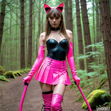  1 girl,  slim ,  pink straight long hair, zopf , Cat ears,  masterpiece ,  anatomically correct  , UHD,  Super detailed , further away , knee-high boots, long arm warmers , neon  Korsett Pink latex, Pink pleated skirt,  realistic  , Forest,  small breasts...