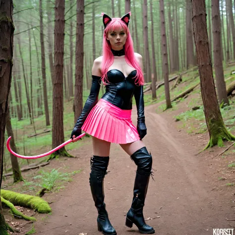  1 girl,  slim ,  pink straight long hair, zopf , Cat ears,  masterpiece ,  anatomically correct  , UHD,  Super detailed , further away , knee-high boots, long arm warmers , neon  Korsett Pink latex, Pink pleated skirt,  realistic  , Forest,  small breasts...