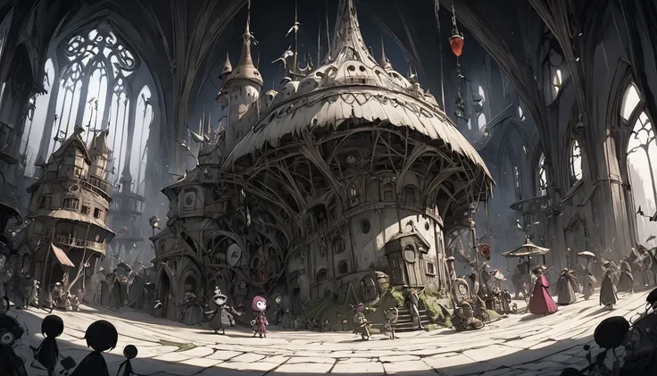 god、  Tim Burton's World、   top quality  ,  Masterpiece,    high detail,    looks like a scene from a movie、Hunchback、