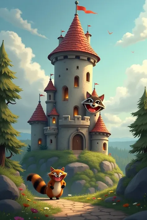  Hi I need an image where there is the tower of a castle animated ,  so with a smiling mouth and eyes hugging each other with a constantly animated raccoon and cat. I'll ask you everything to do it for me like a cartoon in a car  