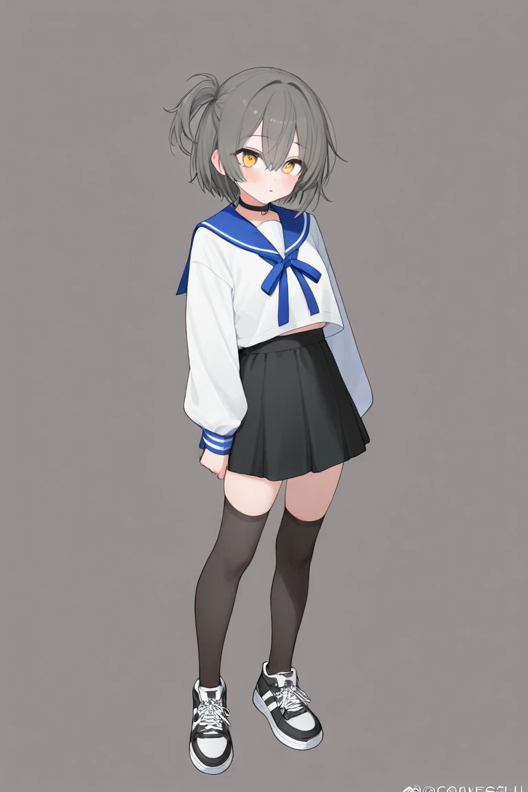 1 person、Full-body standing photo、human、Hair that bounces sideways、Short Hair、 dark grey hair、Back hair is also short cut、 yellow eyes、big eyes、Slanted Eyes、 black stockings、 sailor jacket with blue string ribbon、 black choker、Do sailor jackets have long s...