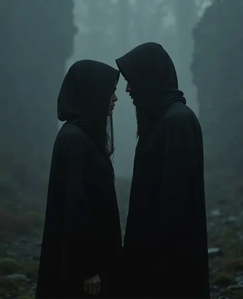 Woman in black robe wearing all-black headscarf and man in black robe standing face to face facing camera, dark atmosphere in the middle of the pephonan