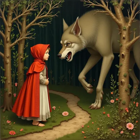 Sandro Botticelli oil paintings。Little Red Riding Hood and the Wolf