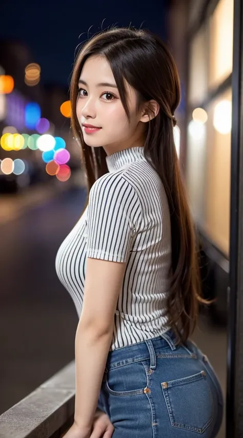  beautiful girl,  Very Pretty and Detailed Face ,  laugh shyly, Deep Valley), ((With the camera behind))、(彼女は big breastsをしている、( black and white stripes )High neck ribbed knit T-shirt. denim skirt 、 facing sideways to the viewer、 show me thighs:1.3), ( big...