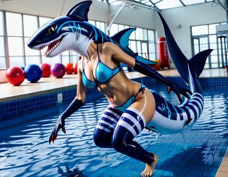 best quality, 1girl, 8k, masterpiece, UHD, closeup, full body view, (mid transformation:2), (photorealistic, award-winning photography, real life:1.4), (a winged feral quadrupedal human dragonshark pooltoy inflatable hybrid:1.6), floating in gymnasium pool...