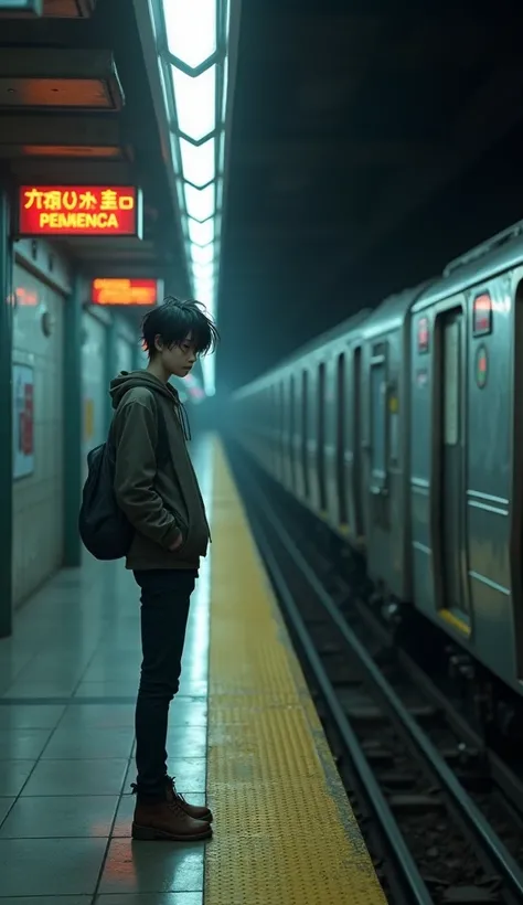 A visually striking anime-style artwork of a 22-year-old male character standing in a dimly lit subway station. The environment is inspired by a real-world subway platform, with overhead fluorescent lights casting a cool, neutral glow rather than an overly...