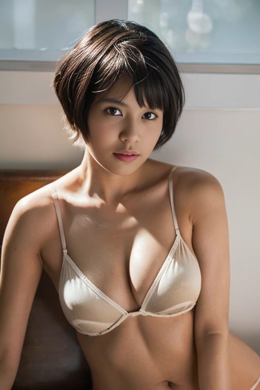 ( top quality,8k, Masterpiece),
 beautiful woman, thin eyebrows, lip gloss,Rouge, light makeup,黒い see-through bra ,
 big breasted with a cross eye, Beautiful round breasts,Beautiful upturned breasts, big breasted with a cross eye thin waist,
Brown skin, ta...