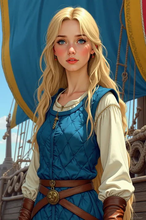 A realistic medieval fantasy portrait of a young woman with blue eyes and long blond flaxen hair. She looks high-spirited. She wears a quilted doublet of blue and white wool. 
She stands on a medieval boat. The sails are blue colored with yellow and red bo...