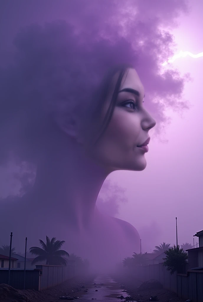 ((Purple mist and smoke shroud:1.7)), (Mysterious Fog:1.5), A visualization of an intense storm: the stormcloud takes the shape of a woman's face, obscured by the shadows and nuances of the turbulent cloud formations. From her mouth, strong winds are emitt...