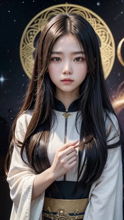 The background is the galaxy 、Western astrology、Asian young woman 、Clothes are fortune tellers 、 long hair、Staring straight away with a strong gaze、Mysterious、No exposure,
