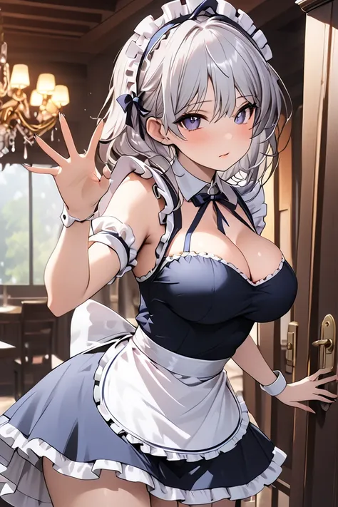  1 woman、 big breasts、Beautiful and seductive maid wearing dark blue and white sexy maid clothes。 design that shows a glimpse of the thighs 、 boldly open bust 。 has a short, ruffled 、 has a mischievous yet bewitching 。 The dress is characterized by a tight...