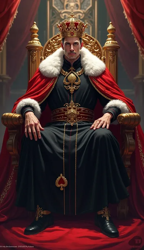 beautiful, hd, modestly clothes, black and red color theme, king of a kingdom, with a theme of king of spade in an anime artstyle with the spade symbol on the upper body