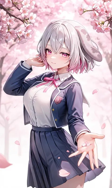  gray hair,  short hair, droopy gray puppy ears,  pink ribbon , slightly large breasts,  pink eyes, ,  , On the way to school, Cherry blossoms, spring, petal, A sunny day ,  illustration, Background-oriented