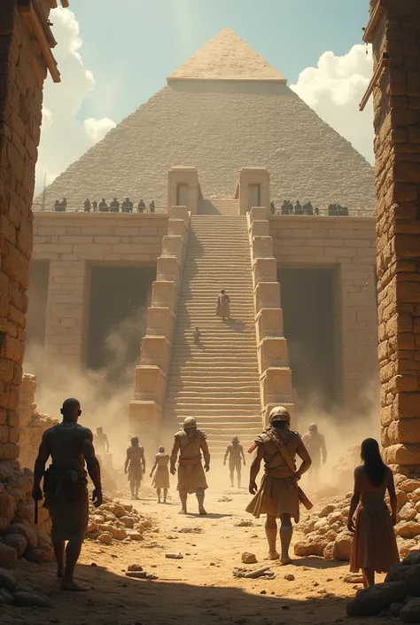 Humans and giants collaborate to build the pyramid's ramp, surrounded by scattered tools and dust particles in the air."