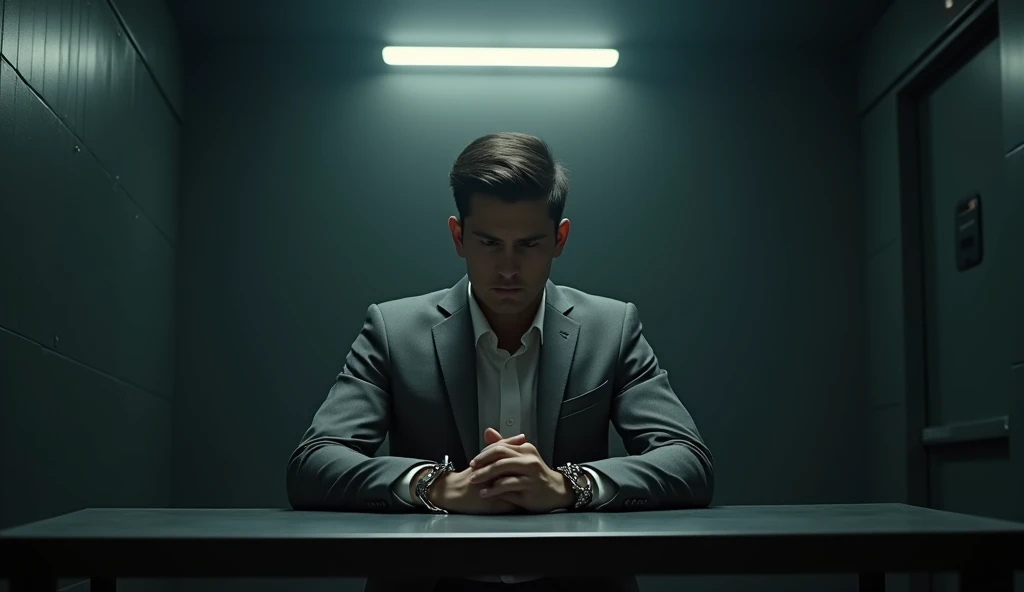  A dimly lit interrogation room, Yong man in gray suit, looking forstrated in handcuffs, sitting beside a Metal table 