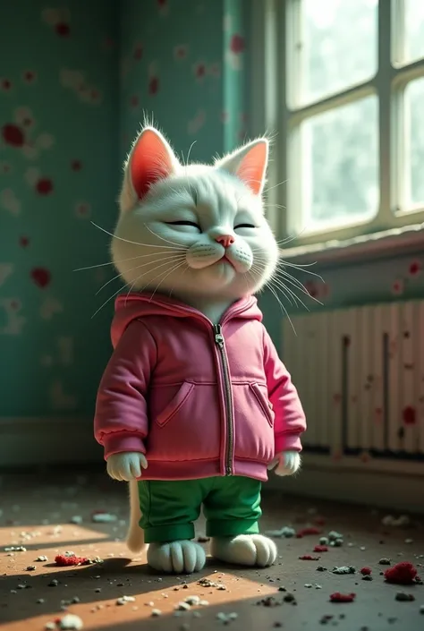 Generate a high quality 3D image:A white cat wear pink jacket and green pant and his eyes was close and is standing in the horror house at morning.