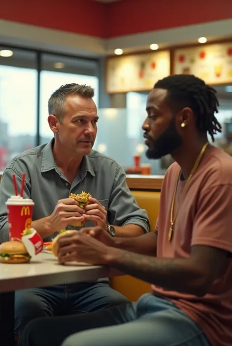 (photorealism:1.2), white guy eating mcdonalds with kendrick lamar