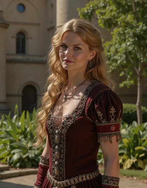 Jennifer Morrison, medieval noble, alone, looking at the viewer, standing upright, full body is visible, cleavage, wearing medieval jewelry, wearing medieval noble dress, blonde hair, realistic, garden in the courtyard of a medieval castle, (realistic, a h...