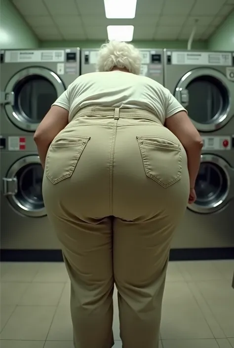 (((Huge sexy booty granny))). Big butt cheeks. In khakis. Candid booty. Bending over. Giant booty is in front of camera. Slim waist. In Laundromat. Old woman. White short hair. Gigantic butt is protruding. 