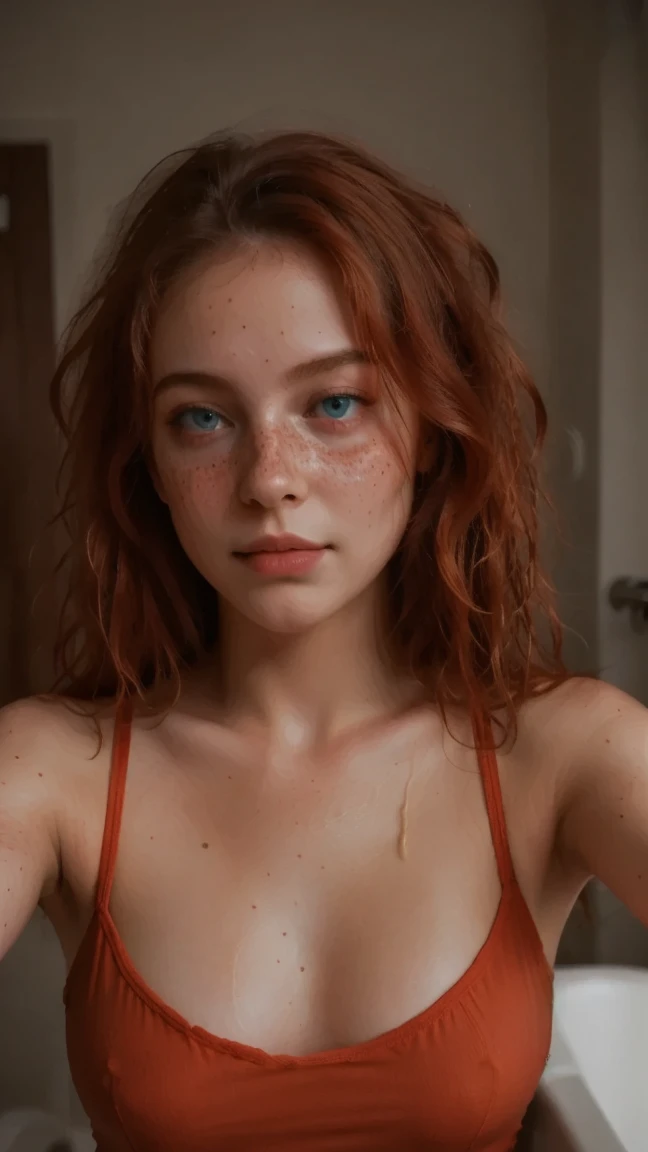 sienna, 1girl, wet, sexy 20 year old body, bathroom mirror, selfie, wearing red loose top, black pants, blue eyes, freckles