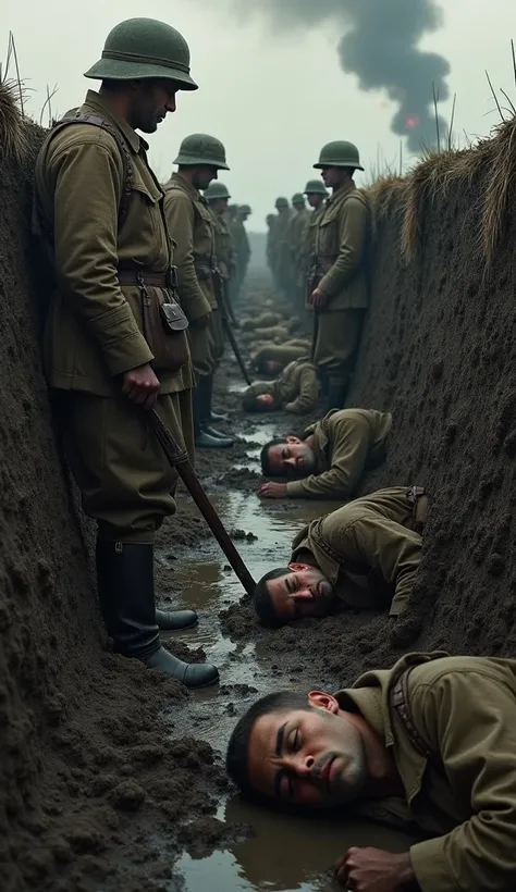  View of the battlefield in World War I ,  with long, muddy trenches full of soldiers .  Several soldiers asleep on the side of the trench ,  Others stand guard with tense faces . Dirty water pools at the bottom of the trench ,  and in the distance are vis...