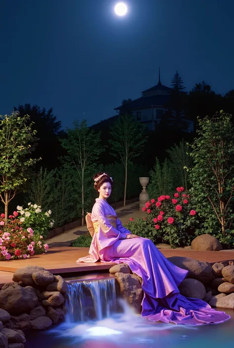 A captivating nighttime portrait of a beautiful young Geisha, seated gracefully by a tranquil Japanese rock pool. She wears a delicate, purple-hued translucent gown that shimmers in the moonlight, its fabric flowing like liquid gold. A small waterfall casc...