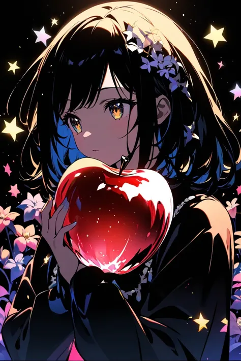  There is a girl inside the transparent crystal apple, The sparkling flowers and twinkling stars are inside the apple ,  The dark background makes the crystal apple stand out ,  high quality,  high resolution,  High Contrast 