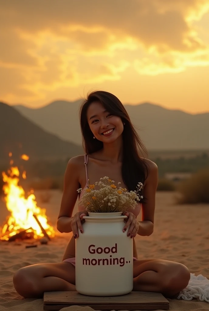 A naked Asian woman are not thin, smiling, Sitting hugging a large white jar with flowers inside. with the text Good morning.. on its a wooden table. Near the fire of wood,  on a sandy surface with the mountains in the background. The sky is yellow with bl...