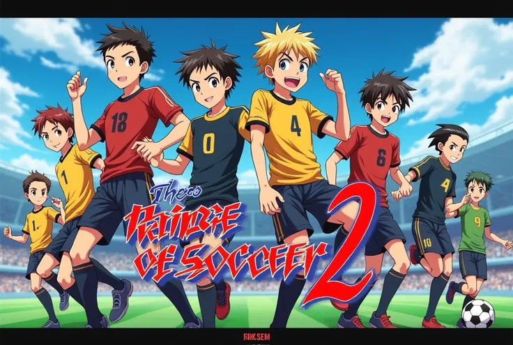 j'aimerais une affiche d'anime qui dit 
série televisée gratuite the prince of soccer 2 en lettre Japonais. avec plusieurs personnage charismatic en fonds.
[Date]
[DVD ]