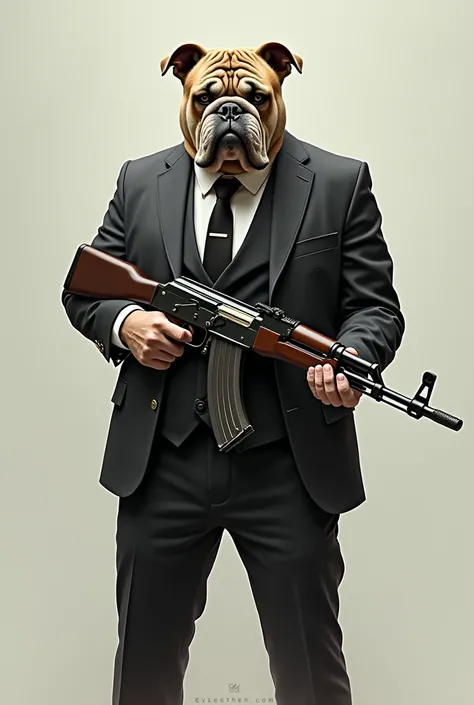 create an image of a bulldog's head with the body of a man in a suit,  in the hands of a Kalashnikov rifle