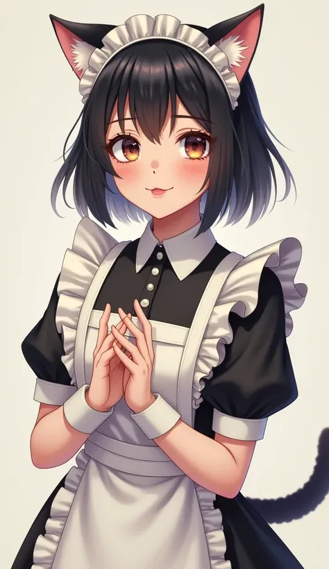  black short hair ,  woman, Wear a maid's suit, Cat mouth shape , cat hand pose, They are affectionate,  cute expression,  full body 