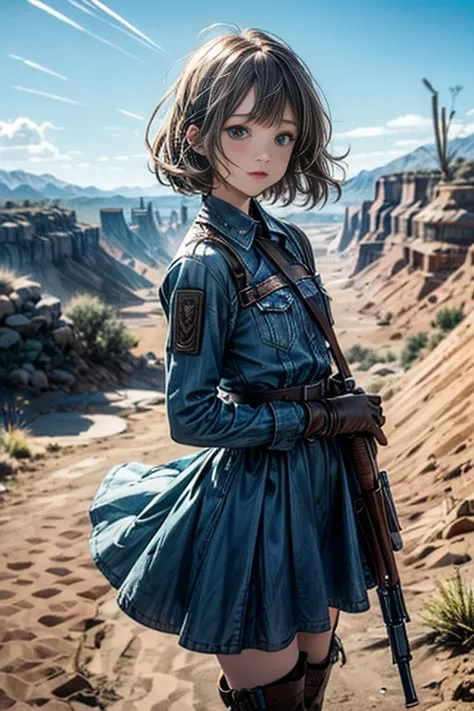  The woman in the blue dress , live action、  real、  beautiful Russian girl 、 Blue denim short dress with long sleeves、 Dress has a pocket, sewn into the chest for ammo.、 leather belt、  leather gloves 、   Light brown hair、 abbreviations 、  beautiful blue ey...